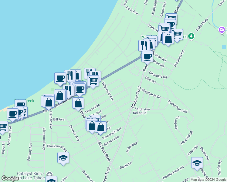 map of restaurants, bars, coffee shops, grocery stores, and more near 3774 Paradise Avenue in South Lake Tahoe