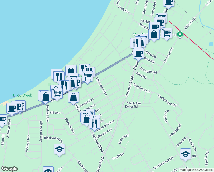 map of restaurants, bars, coffee shops, grocery stores, and more near 3768 Paradise Avenue in South Lake Tahoe