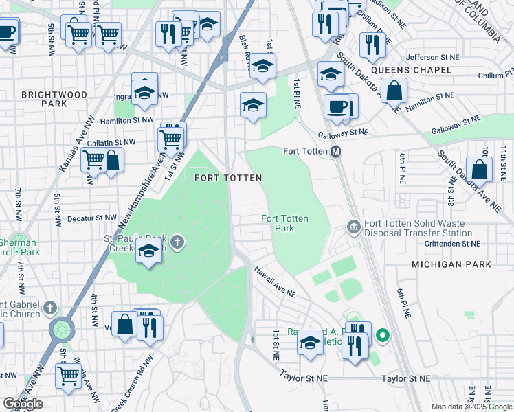 map of restaurants, bars, coffee shops, grocery stores, and more near 4826 Fort Totten Drive Northeast in Washington