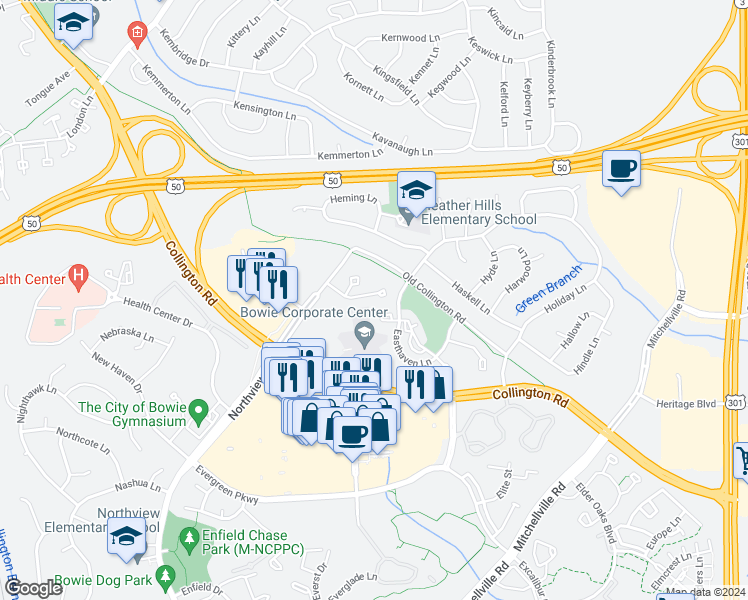 map of restaurants, bars, coffee shops, grocery stores, and more near 15717 Ensleigh Lane in Bowie