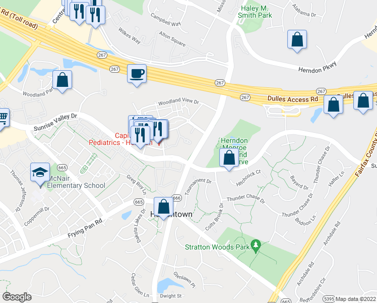 map of restaurants, bars, coffee shops, grocery stores, and more near 12921 Centre Park Circle in Herndon