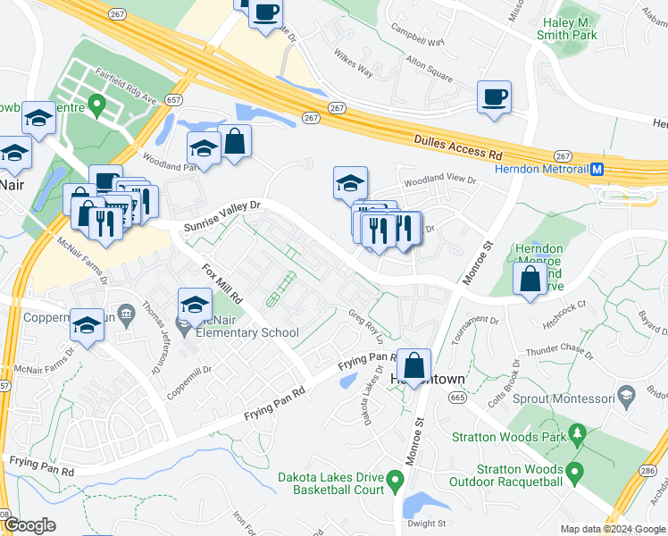 map of restaurants, bars, coffee shops, grocery stores, and more near 13022 Elm Tree Drive in Herndon