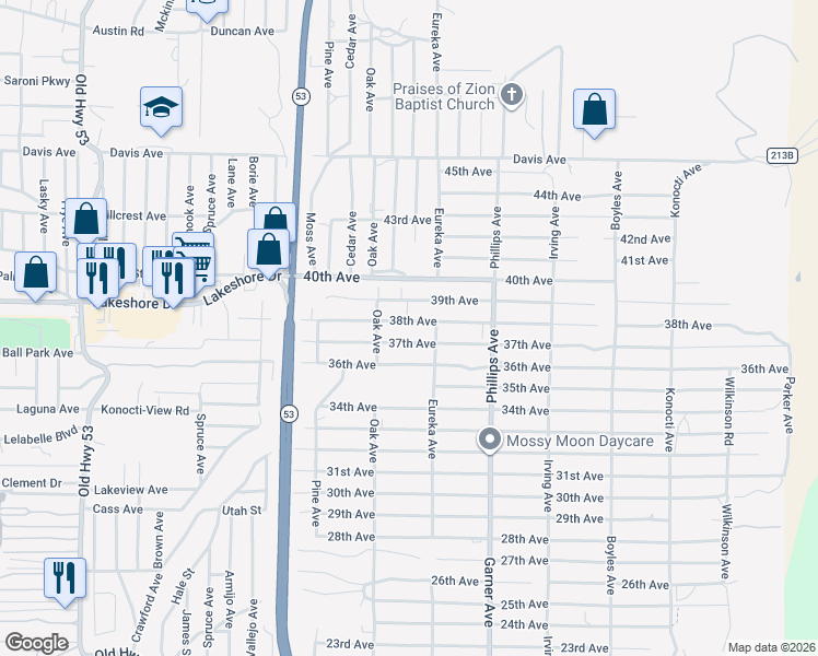 map of restaurants, bars, coffee shops, grocery stores, and more near 15717 38th Avenue in Clearlake