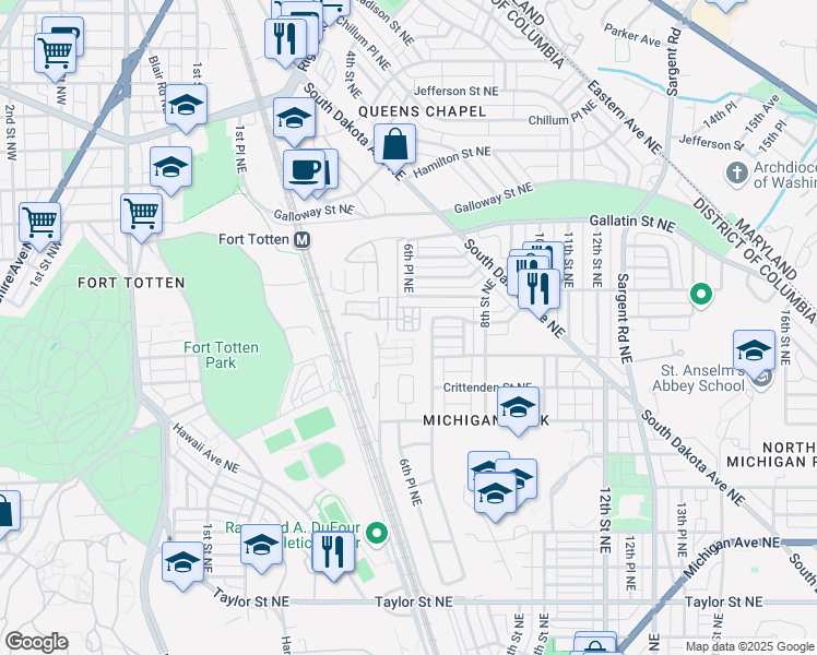 map of restaurants, bars, coffee shops, grocery stores, and more near 613 Ava Circle Northeast in Washington