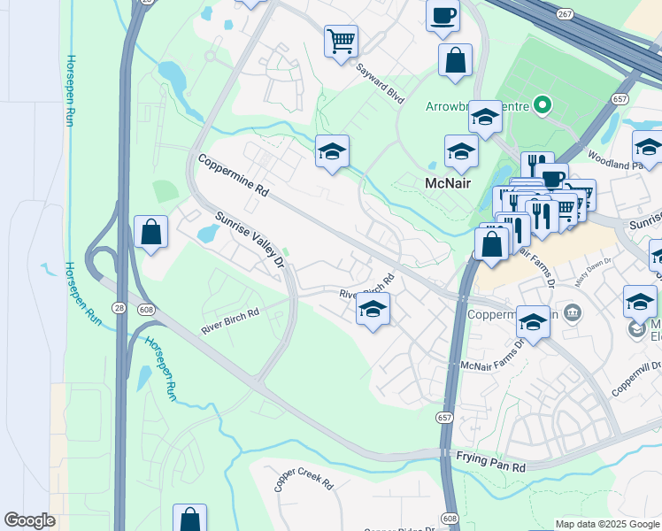 map of restaurants, bars, coffee shops, grocery stores, and more near Legacy Circle in Herndon