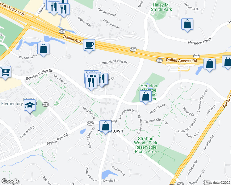 map of restaurants, bars, coffee shops, grocery stores, and more near 12909 Centre Park Circle in Herndon