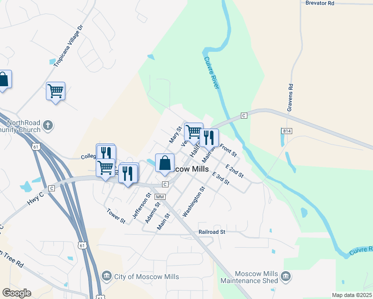 map of restaurants, bars, coffee shops, grocery stores, and more near 255 3rd Street in Moscow Mills