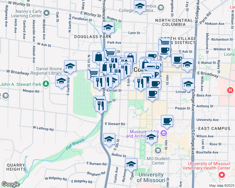 map of restaurants, bars, coffee shops, grocery stores, and more near 201 S 5th St in Columbia