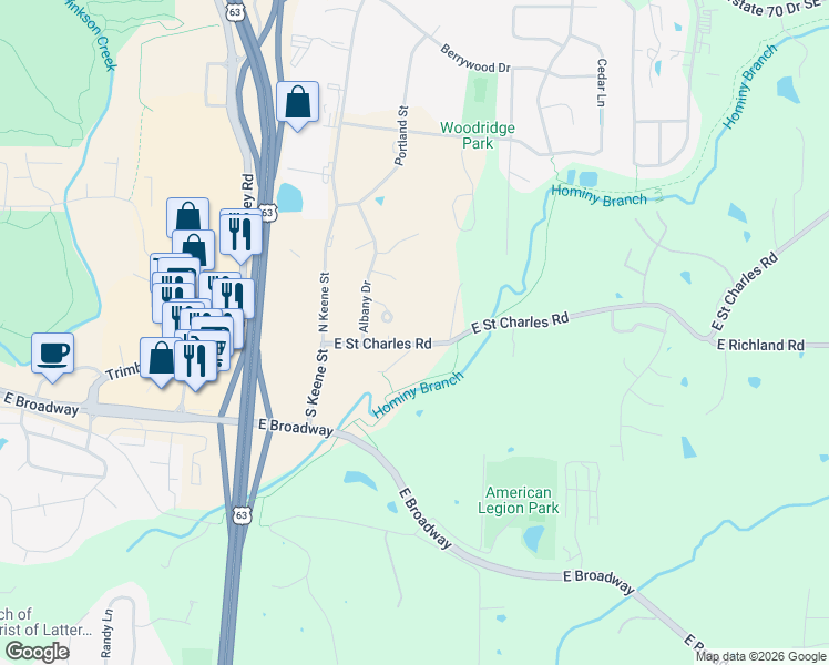 map of restaurants, bars, coffee shops, grocery stores, and more near 3409 East Saint Charles Road in Columbia