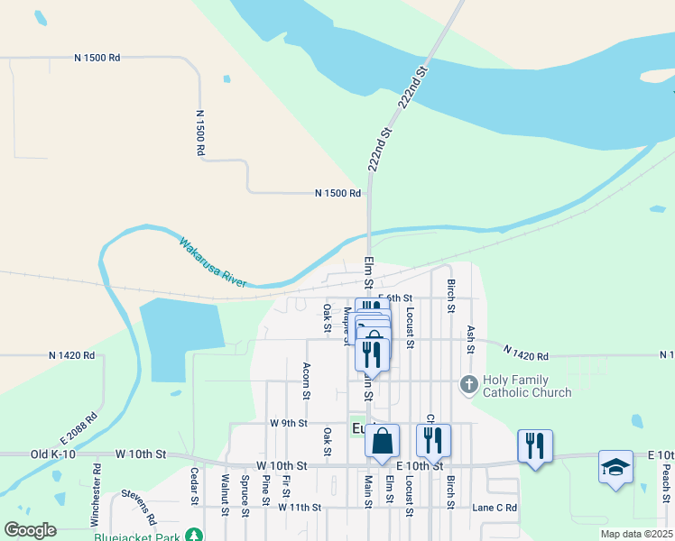 map of restaurants, bars, coffee shops, grocery stores, and more near 100 West 6th Street in Eudora