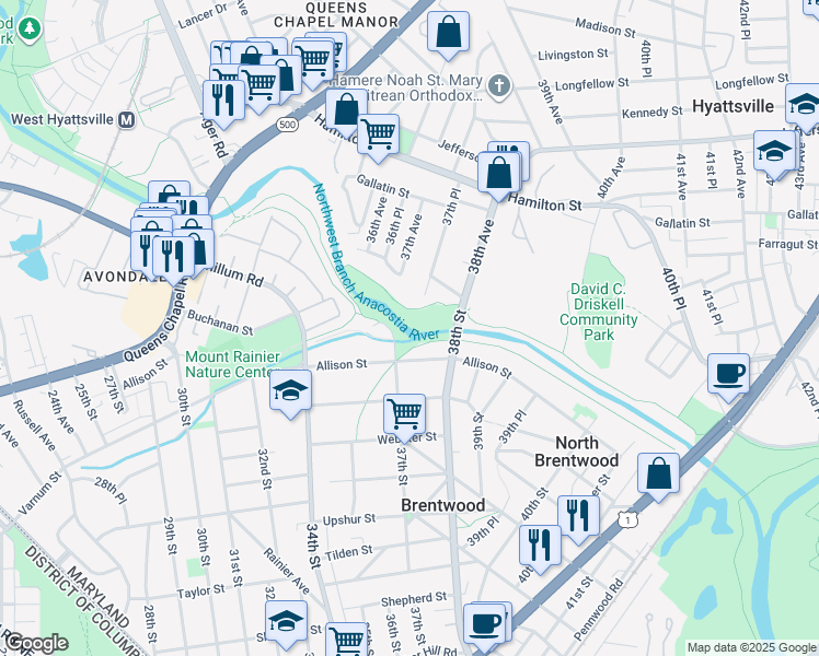 map of restaurants, bars, coffee shops, grocery stores, and more near 5004 Maryland 208 in Hyattsville