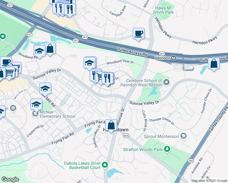 map of restaurants, bars, coffee shops, grocery stores, and more near 12901 Centre Park Circle in Herndon