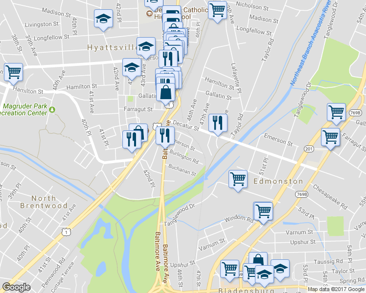 map of restaurants, bars, coffee shops, grocery stores, and more near 4511 Emerson Street in Hyattsville
