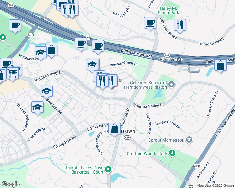 map of restaurants, bars, coffee shops, grocery stores, and more near 12901 Centre Park Circle in Herndon