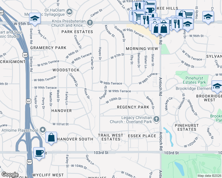 map of restaurants, bars, coffee shops, grocery stores, and more near 9216 W 99th Terrace in Overland Park
