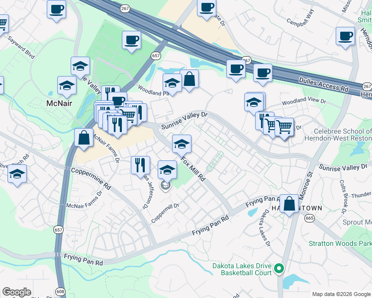 map of restaurants, bars, coffee shops, grocery stores, and more near 13161 Fox Hunt Lane in Herndon
