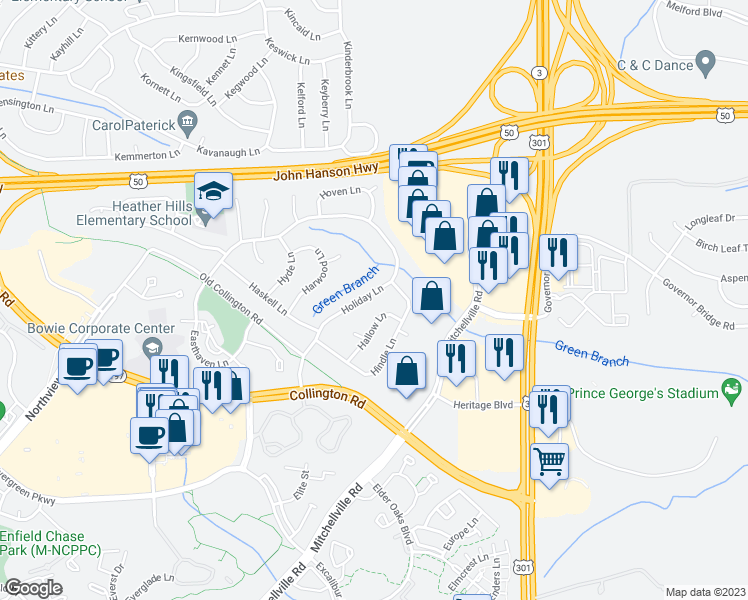 map of restaurants, bars, coffee shops, grocery stores, and more near 12830 Holiday Lane in Bowie