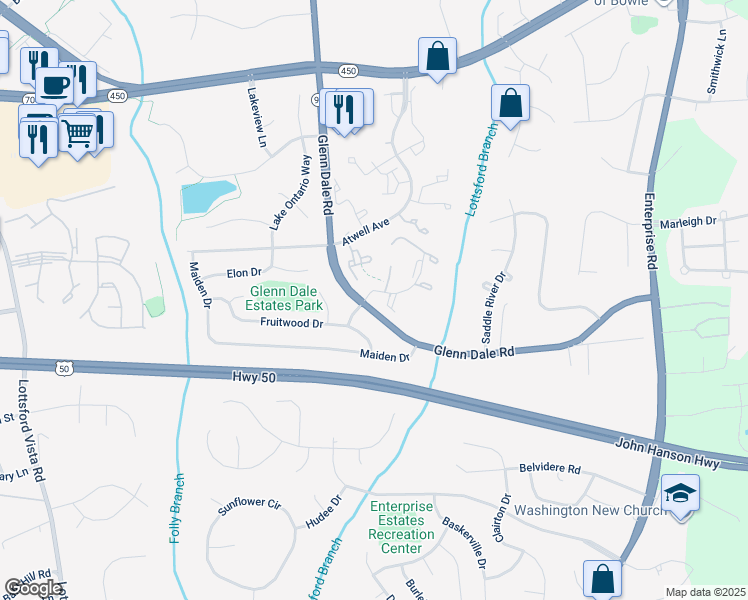 map of restaurants, bars, coffee shops, grocery stores, and more near 4222 Bar Harbor Place in Bowie