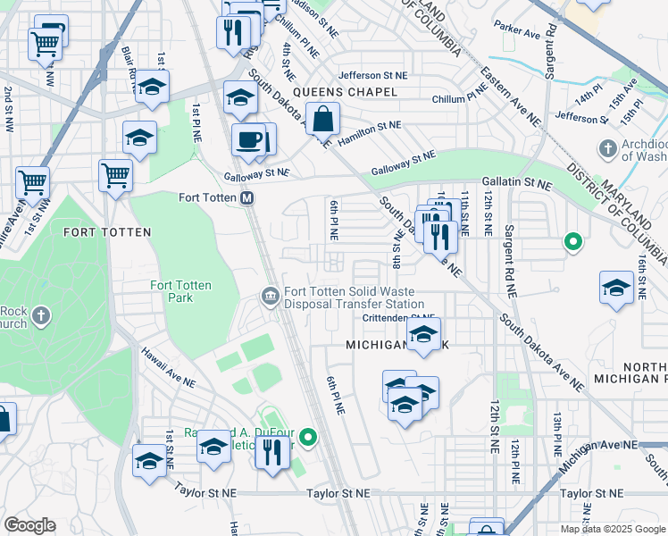 map of restaurants, bars, coffee shops, grocery stores, and more near 613 Ava Circle Northeast in Washington