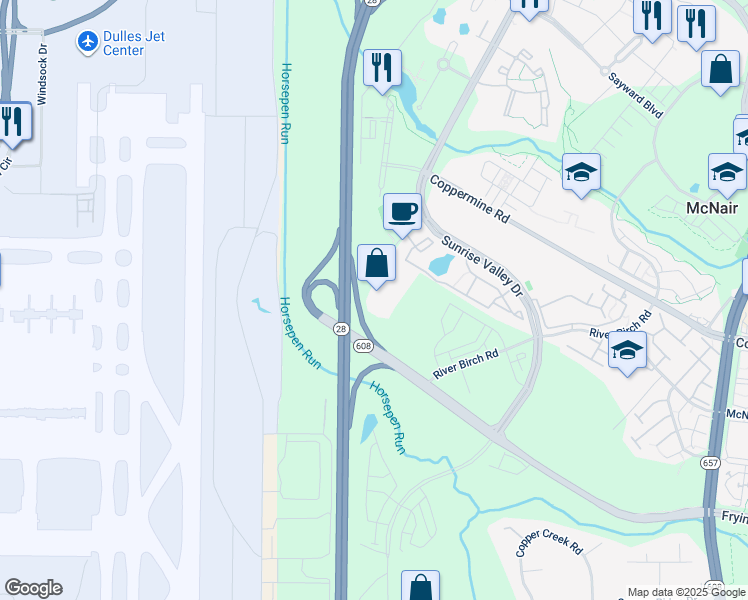 map of restaurants, bars, coffee shops, grocery stores, and more near 2553 Dulles View Drive in Herndon