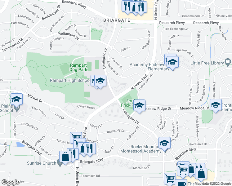 map of restaurants, bars, coffee shops, grocery stores, and more near 3342 Soaring Bird Circle in Colorado Springs