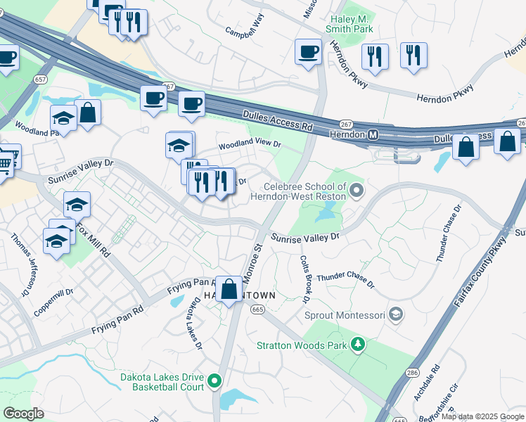 map of restaurants, bars, coffee shops, grocery stores, and more near 12921 Centre Park Circle in Herndon