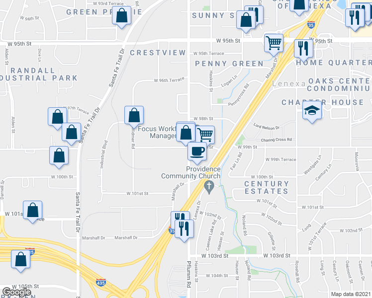 map of restaurants, bars, coffee shops, grocery stores, and more near in Lenexa
