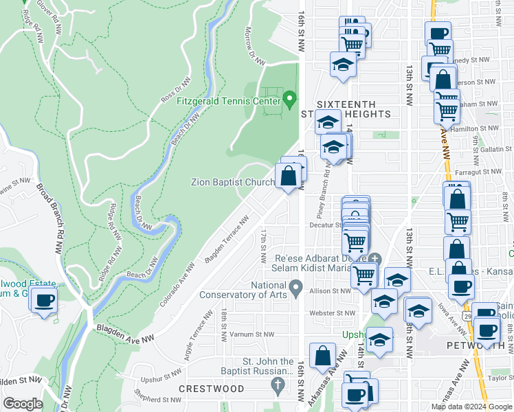 map of restaurants, bars, coffee shops, grocery stores, and more near 4811 17th Street Northwest in Washington