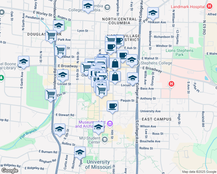 map of restaurants, bars, coffee shops, grocery stores, and more near 220 South 10th Street in Columbia