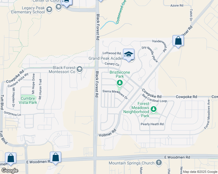 map of restaurants, bars, coffee shops, grocery stores, and more near 6857 Shimmering Leaf Road in Colorado Springs