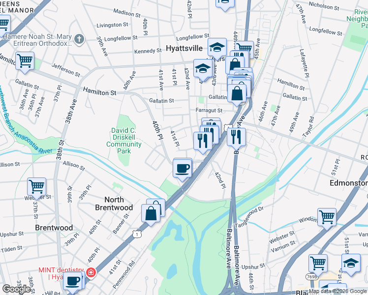 map of restaurants, bars, coffee shops, grocery stores, and more near 4106 Decatur Street in Hyattsville