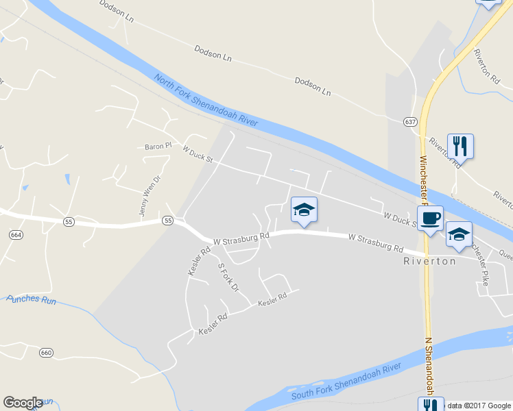 map of restaurants, bars, coffee shops, grocery stores, and more near 336 West Strasburg Road in Front Royal