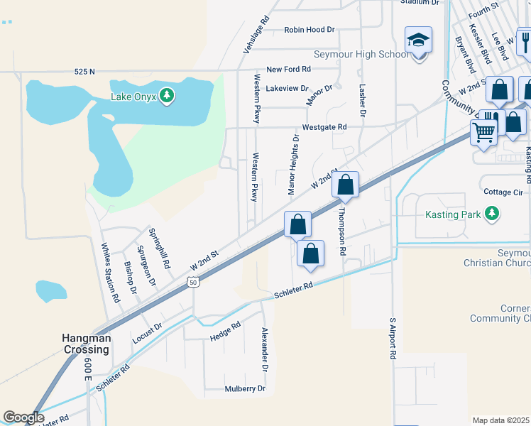 map of restaurants, bars, coffee shops, grocery stores, and more near 1580 West 2nd Street in Seymour