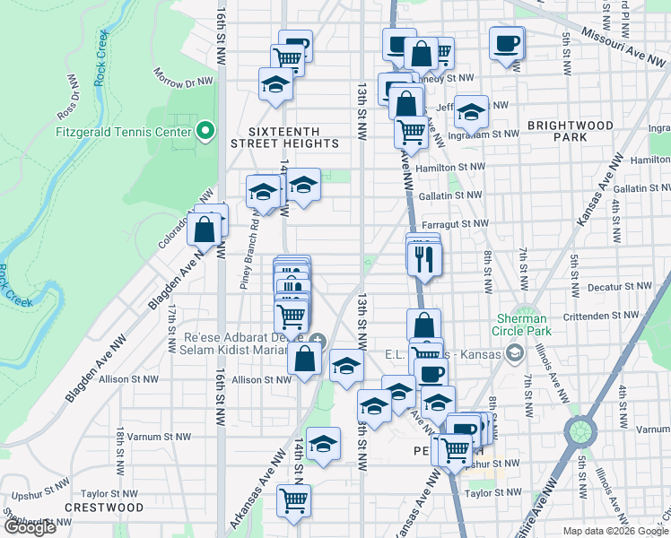 map of restaurants, bars, coffee shops, grocery stores, and more near 1315 Delafield Place Northwest in Washington