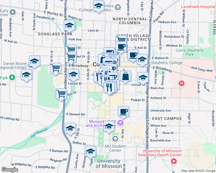 map of restaurants, bars, coffee shops, grocery stores, and more near 201 South 9th Street in Columbia
