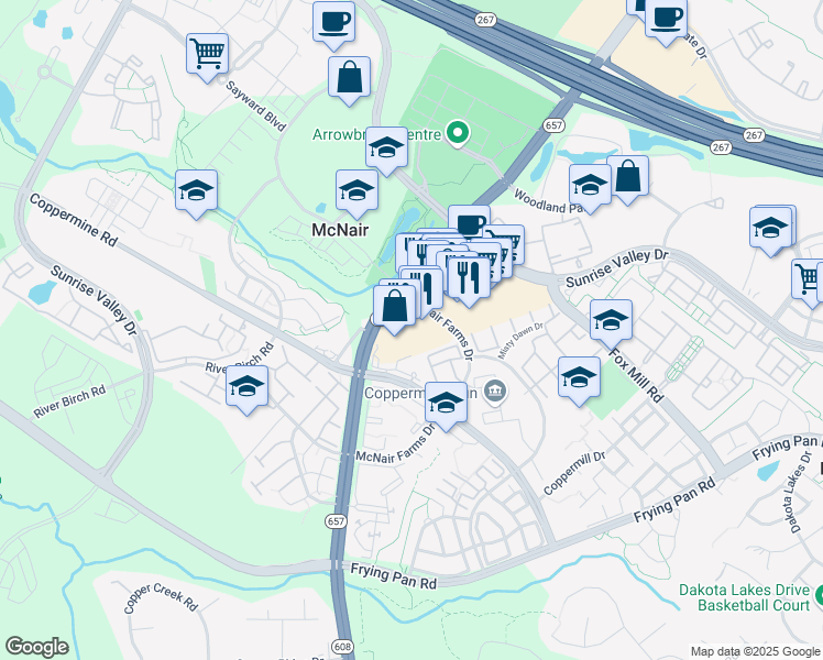 map of restaurants, bars, coffee shops, grocery stores, and more near 2525 Centreville Rd in Herndon