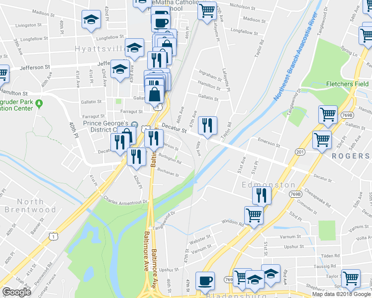 map of restaurants, bars, coffee shops, grocery stores, and more near 4608 Emerson Street in Hyattsville