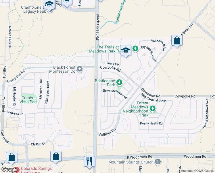 map of restaurants, bars, coffee shops, grocery stores, and more near 6884 Sierra Meadows Drive in Colorado Springs