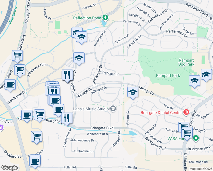 map of restaurants, bars, coffee shops, grocery stores, and more near 2170 Silkwood Drive in Colorado Springs