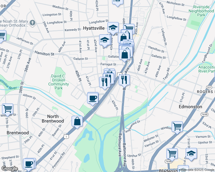 map of restaurants, bars, coffee shops, grocery stores, and more near 101 Independence Avenue Southeast in Washington