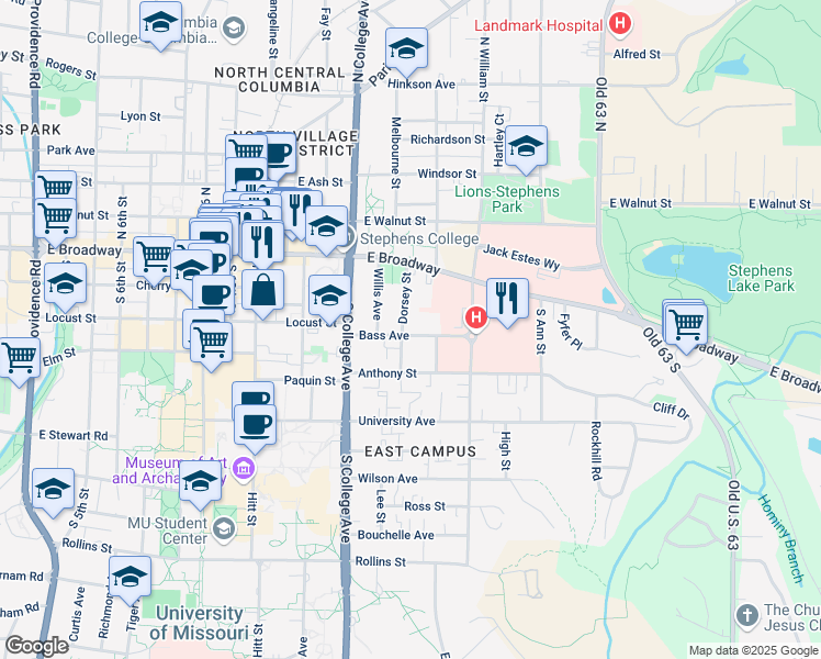 map of restaurants, bars, coffee shops, grocery stores, and more near 1403 Bass Avenue in Columbia