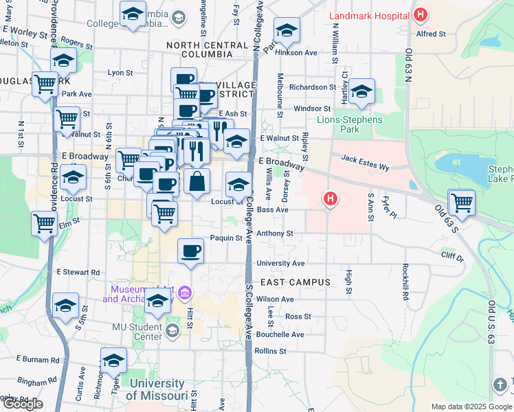 map of restaurants, bars, coffee shops, grocery stores, and more near 205 South College Avenue in Columbia