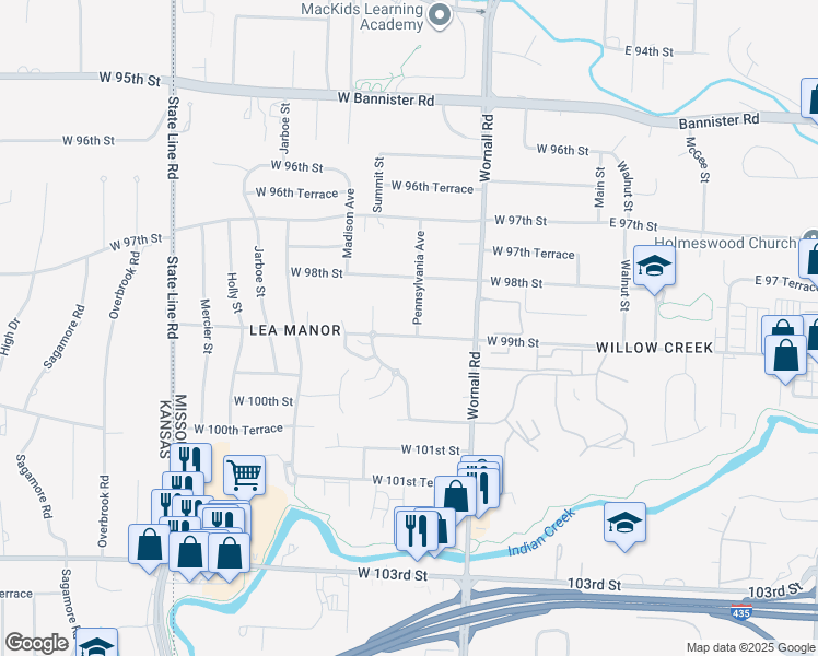 map of restaurants, bars, coffee shops, grocery stores, and more near 9898 Pennsylvania Avenue in Kansas City
