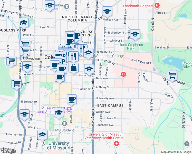 map of restaurants, bars, coffee shops, grocery stores, and more near 116 South College Avenue in Columbia