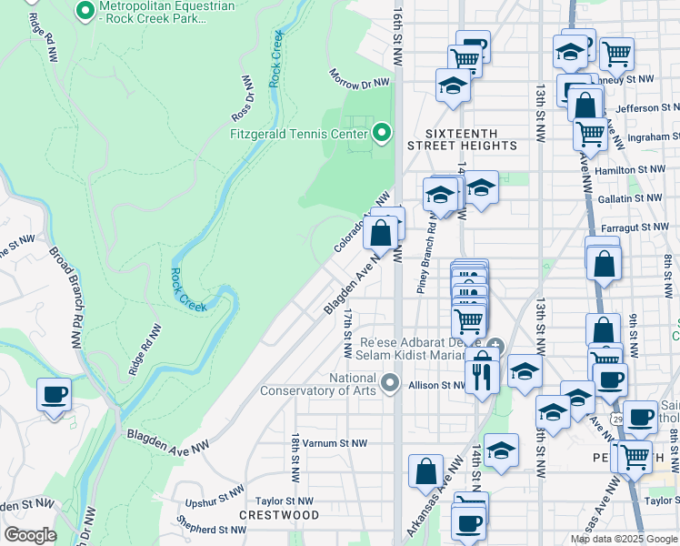 map of restaurants, bars, coffee shops, grocery stores, and more near 4811 17th Street Northwest in Washington