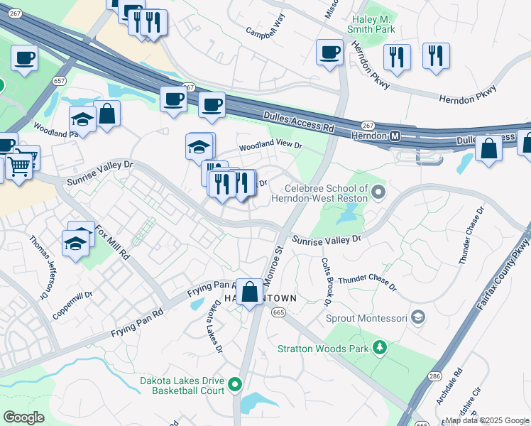 map of restaurants, bars, coffee shops, grocery stores, and more near 12905 Centre Park Circle in Herndon