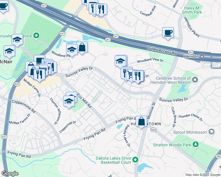 map of restaurants, bars, coffee shops, grocery stores, and more near 2358 Cypress Cove Circle in Herndon