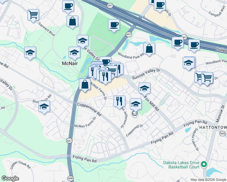 map of restaurants, bars, coffee shops, grocery stores, and more near 2441 Old Farmhouse Court in Herndon