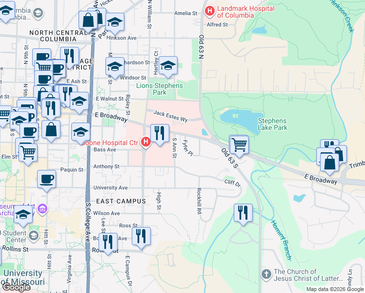 map of restaurants, bars, coffee shops, grocery stores, and more near 101 Fyfer Place in Columbia