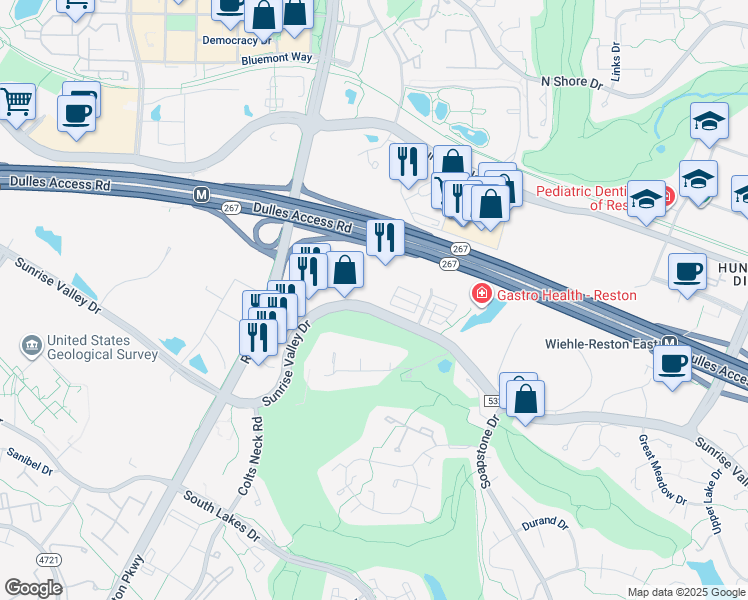 map of restaurants, bars, coffee shops, grocery stores, and more near 11770 Sunrise Valley Drive in Reston